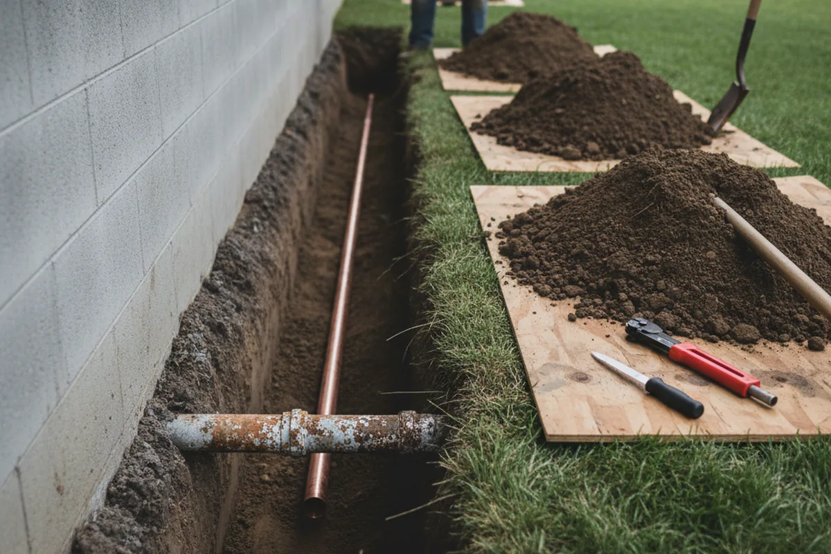 Excavated water line trench during Sewer Line Repair in Moline